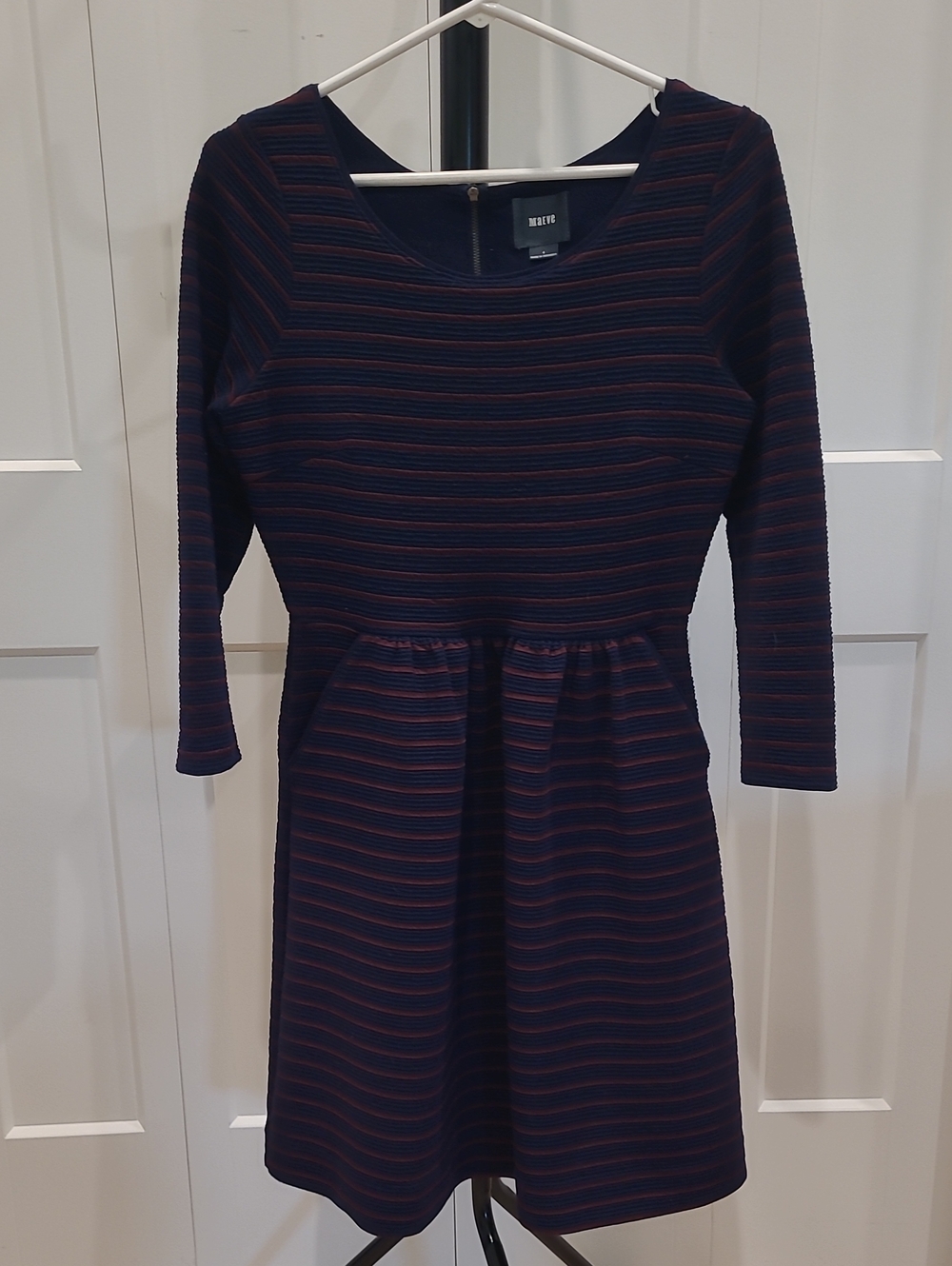 Maeve Navy and Red Striped Long-Sleeve Fit & Flare Dress